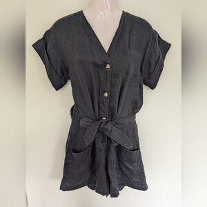 Naif Linen Black Button-Up Romper with Belt Medium